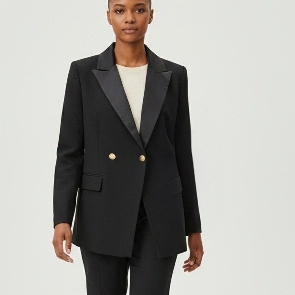 Lane Bryant The Bryant Blazer Black Satin Lapel Gold Button Tuxedo Jacket 14